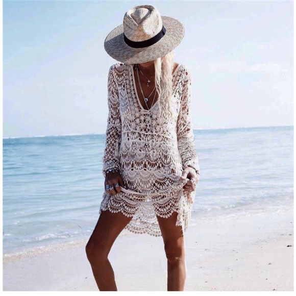 Rouge! Other - Crochet Beach Cover Up Deep V Neck Dress